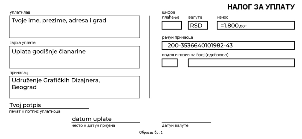 Instrukcije plaćanja Premium godišnje članarine Udruženja Grafičkih Dizajnera. Primer uplatnice Udruženja grafičkih dizajnera za Premium godišnje članarine